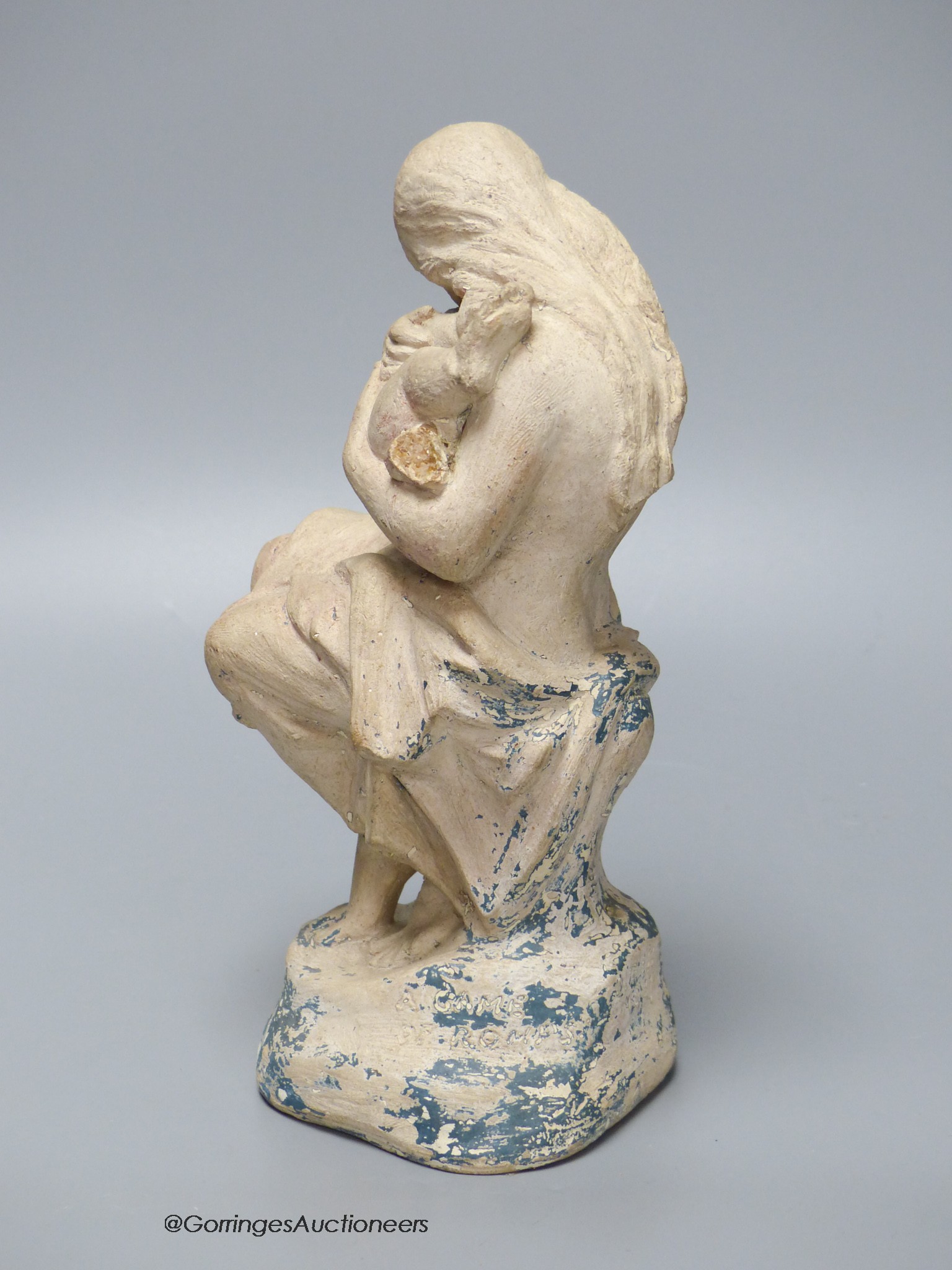 A Julian Bell terracotta figure of mother and child, with traces of original paint, base inscribed ' A Game of Romps, J. Bell ,1987', height 22cm 22cm.